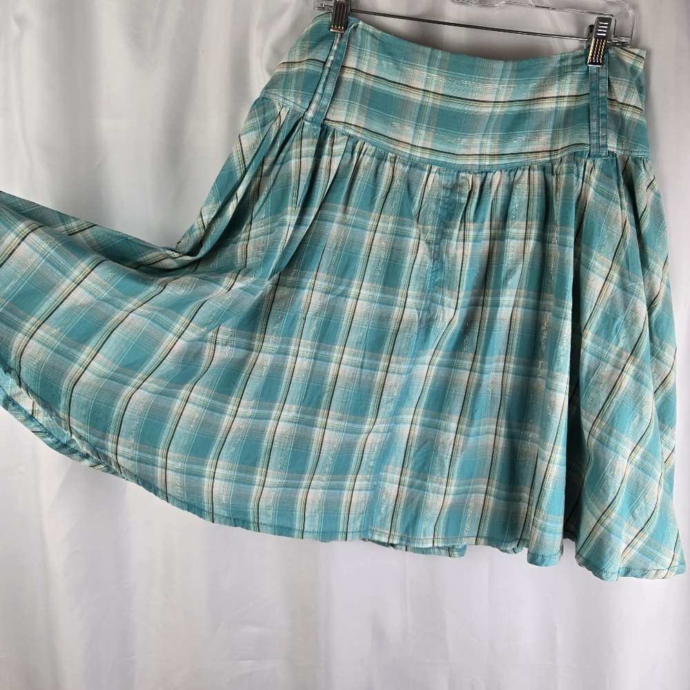 Larry Levine Metallic Gold Turquoise Button Up Flare Plaid Skirt Pockets Size 12 - Picture 11 of 12